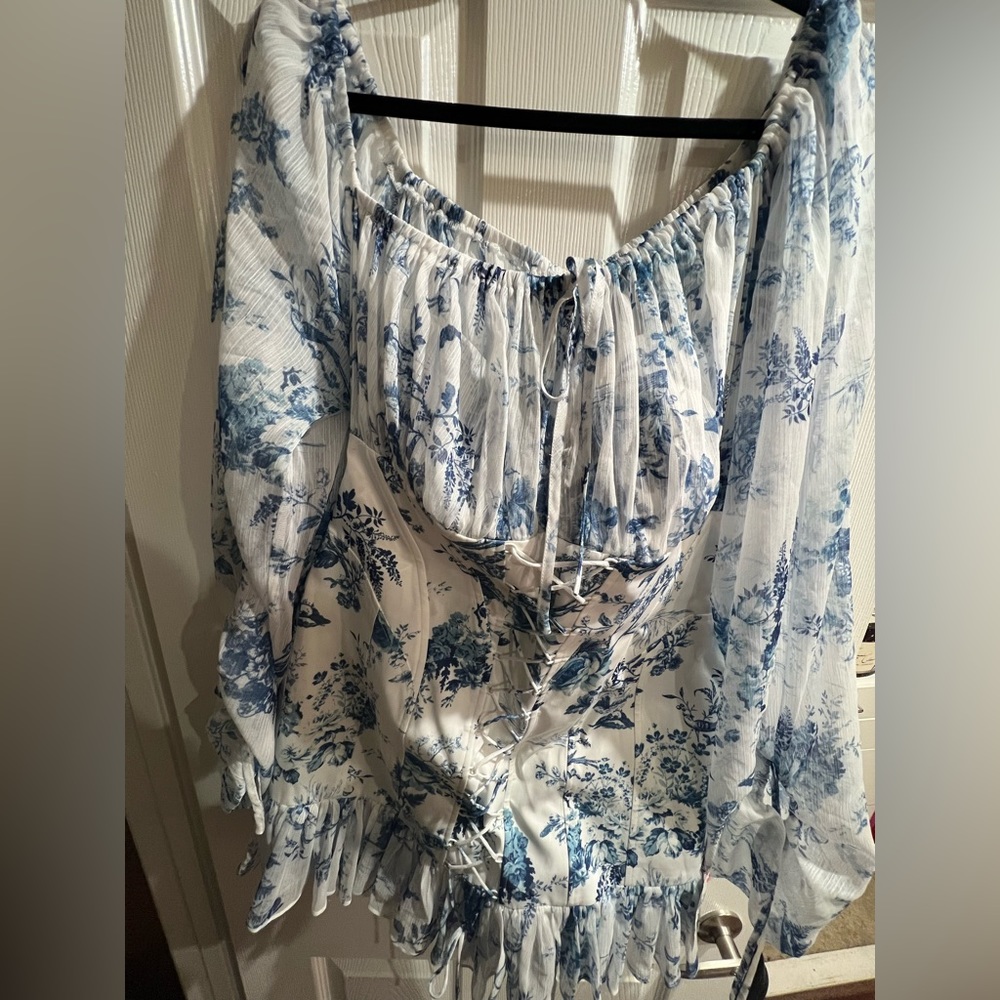 Off the shoulder Blue & White Floral Corset Mini Dress